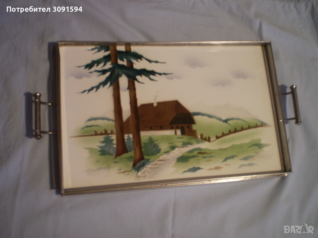 Винтидж поднос за сервиране порцелан метална рамка с дръжки , снимка 1