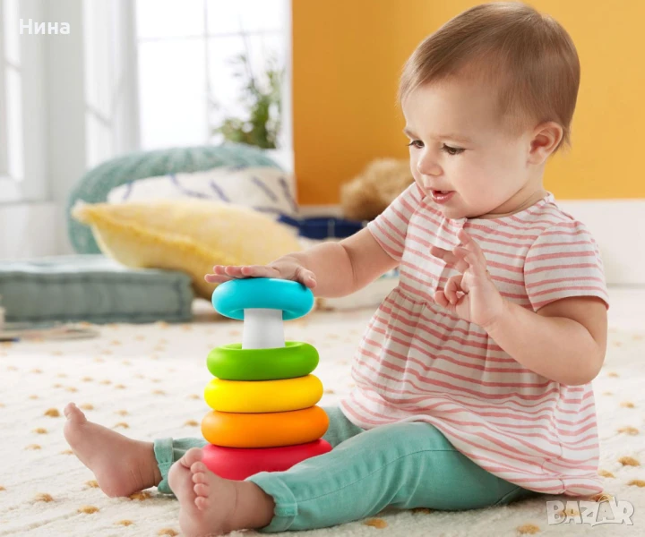 Цветна образователна играчка – низанка (пирамида с рингове) , снимка 1
