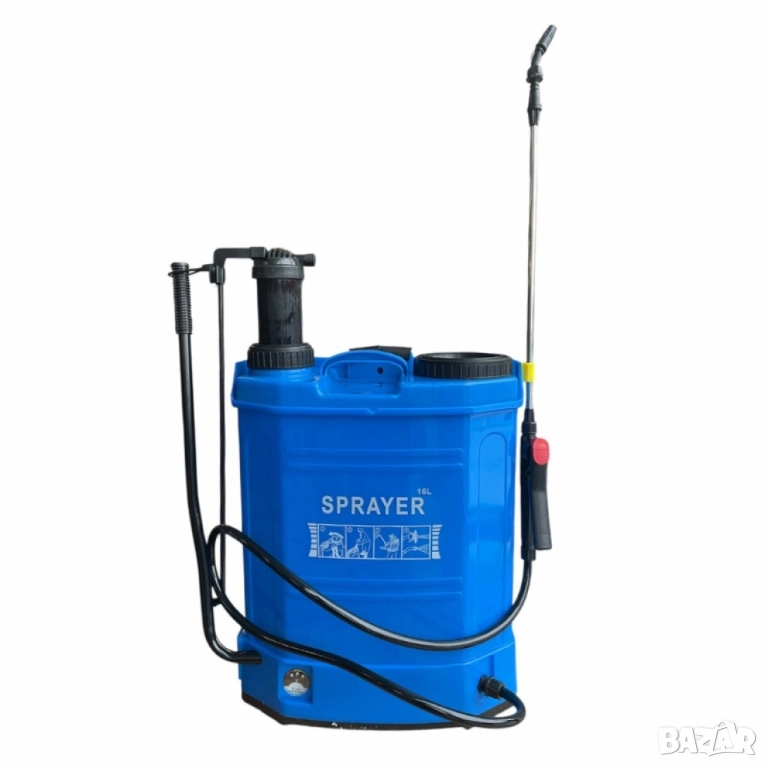 Пръскачка 2 в 1 с батерия и ръчно налягане – 16 литра, синя, снимка 1
