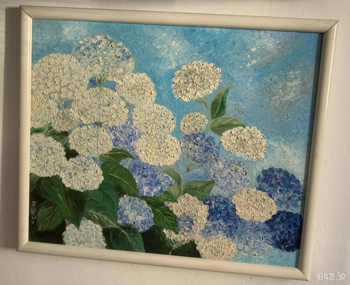 Картина с хортензии* Акрил* Сигнирана* Готова за окачване, снимка 1