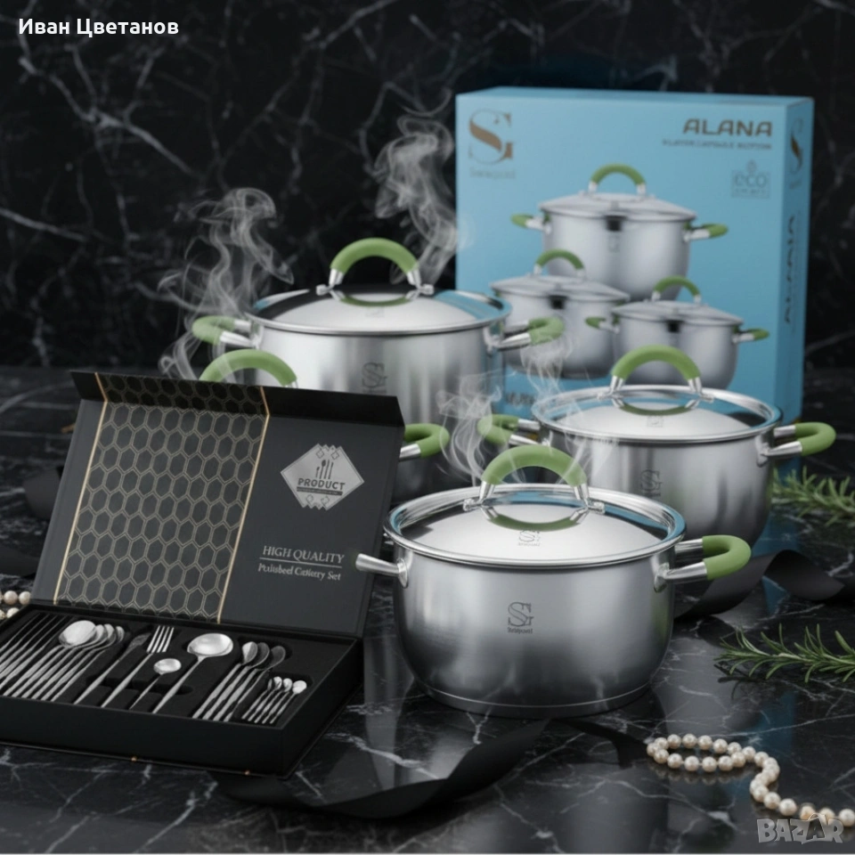 Комплект тенджери Swisgold Alana с 5-слойно капсулно дъно DJ11 + Подарък луксозен комплект прибори, снимка 1