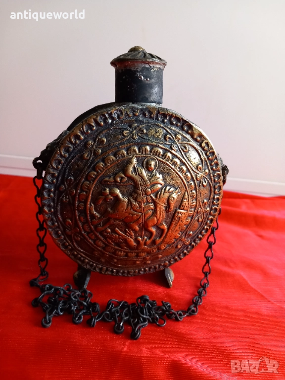 19Век Стара Бронзова Барутница,Барутник Свети Георги , снимка 1