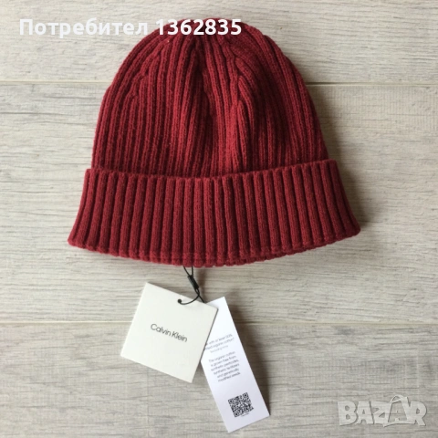 НОВА унисекс памучна червена зимна плетена шапка CALVIN KLEIN от САЩ, снимка 3 - Шапки - 53505008