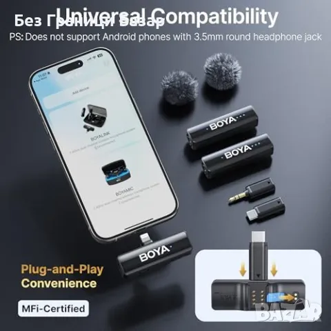 Нов Безжичен Lavalier микрофон BOYA 2 A2 за iPhone, Android, камера, PC, снимка 3 - Други - 49089735