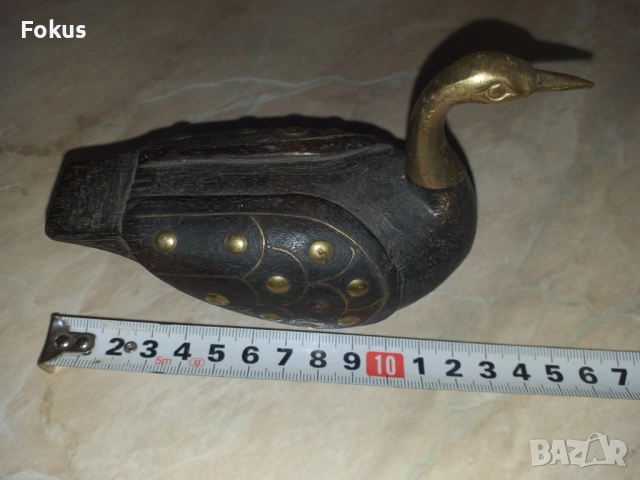 Уникална дървена патица патка с бронзови елементи, снимка 6 - Антикварни и старинни предмети - 53356433