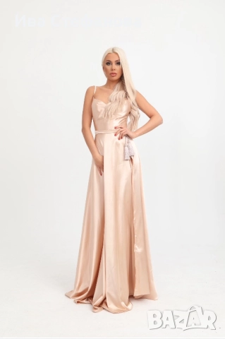 Нова дълга официална парти коктейлна екрю бежова рокля сатен сатенена дизайнер Дидо Георгиев , снимка 5 - Рокли - 50042834