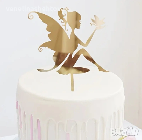 Фея с пеперуда златист акрилен топер за декорация на торта , снимка 2 - Други - 53928980
