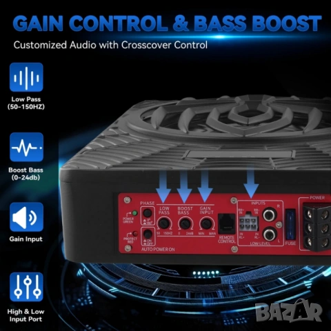 Компактен 10” автомобилен 1200W(peak) активен субуфер с RGB динамична подсветка и контрол на басите, снимка 7 - Аксесоари и консумативи - 53449054