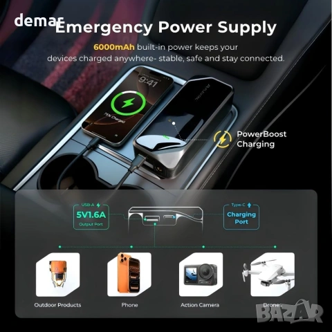 FLEXTAILGEAR Безжичен компресор за напомпване на автомобилни гуми, 150 PSI, 12V DC и USB-C, 6000mAh, снимка 9 - Аксесоари и консумативи - 53656552