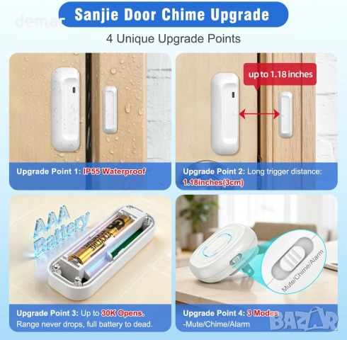 SANJIE Безжичен сензор за аларма за врата, 3 режима, 30 мелодии, 1 приемник и 1 сензор, снимка 4 - Други стоки за дома - 53933807