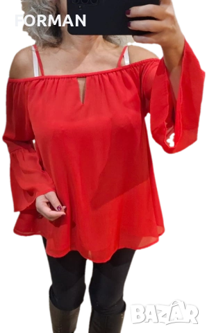 Червена риза с отворени рамене, снимка 3 - Ризи - 47958448