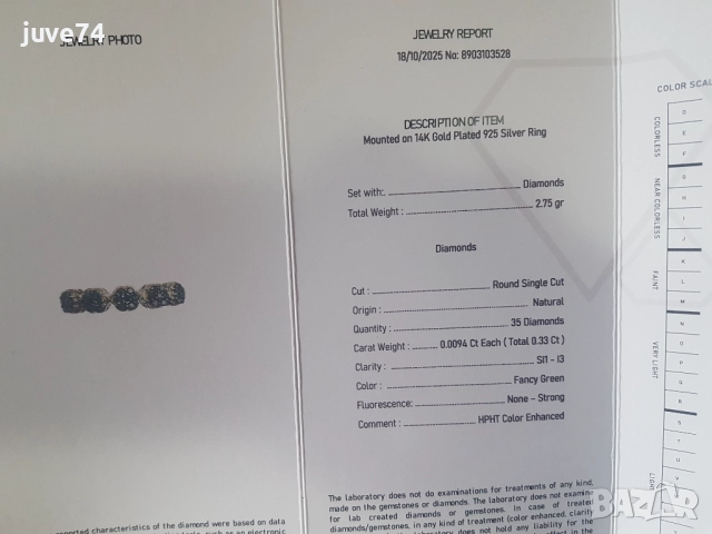 СРЕБЪРЕН ПРЪСТЕН С ЕСТЕСТВЕНИ ЗЕЛЕНИ ДИАМАНТИ СЕРТИФИКАТ, снимка 8 - Пръстени - 52085545