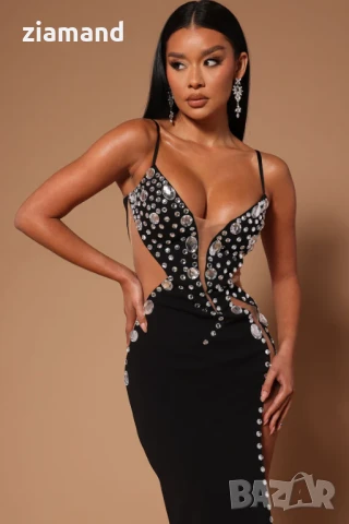 Официална черна дългa рокля с камъни, снимка 2 - Рокли - 51121345