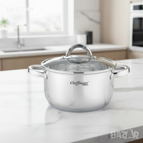 Тенджера от неръждаема стомана Cheffinger с индукционно дъно и стъклен капак, снимка 2 - Съдове за готвене - 53573187