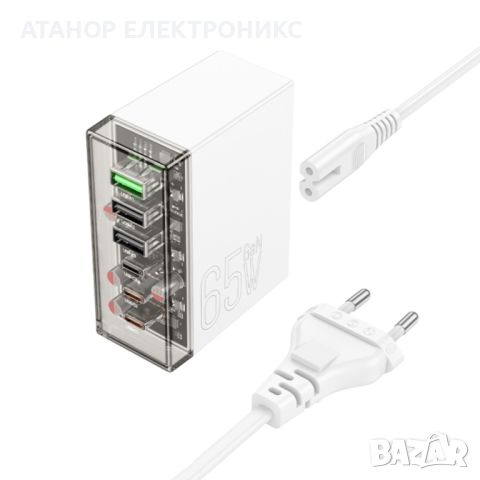 Hoco Зарядна станция с 3 USB-A порта и 3 USB-C порта 65W Бързо зареждане-Бял, снимка 3 - Оригинални зарядни - 46086033