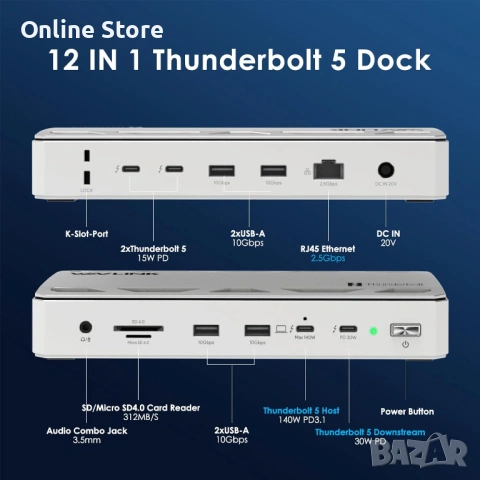 WAVLINK Thunderbolt 5 Dock 12-в-1 докинг станция – 8K, 2.5G Ethernet, SD, USB, снимка 8 - Други - 54169931