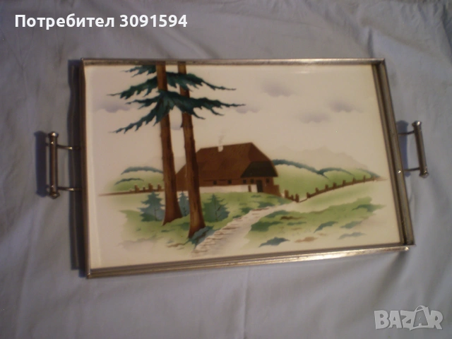 Винтидж поднос за сервиране порцелан метална рамка с дръжки 