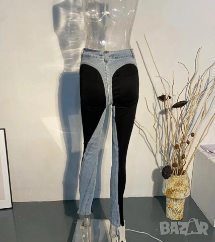 Модни Дамски Джинси Оригинални Корейски Дънки Висока Талия Пачуърк Вталени Разтегаем Модел на MUGLER, снимка 5 - Дънки - 46660616