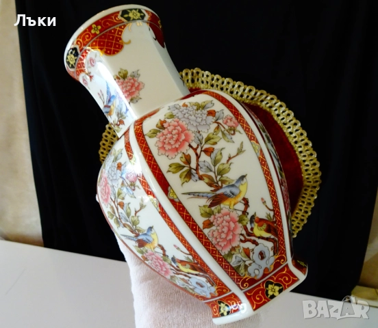 Ваза японски порцелан Eiwa Kinsei,злато,птици,цветя. , снимка 7 - Вази - 51800418