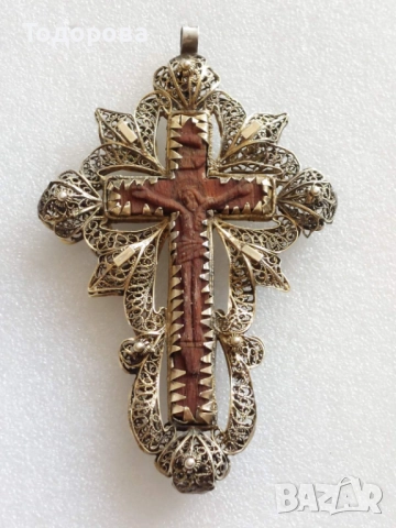 Много рядък руски филигранен кръст(сребро 84) и вграден Исус Христос изработен от чимширено дърво., снимка 5 - Икони - 52847446