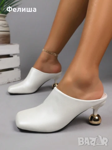 Дизайнерски Мюли Обувки в Цвят Нежна Ванилия със Златен Ток Топче, снимка 3 - Дамски ежедневни обувки - 51005827