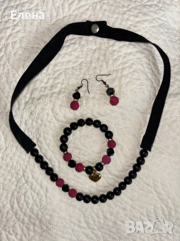 Комплект от оникс и лава в цикламено, снимка 3 - Бижутерийни комплекти - 54087612