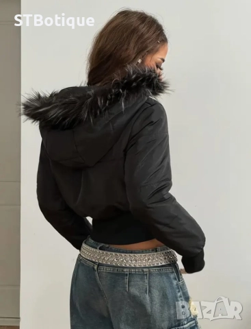 Дамско зимно улично яке STBoutique – Уютно и стилно яке с цип, плюшен косъм, черно, снимка 5 - Якета - 51935891