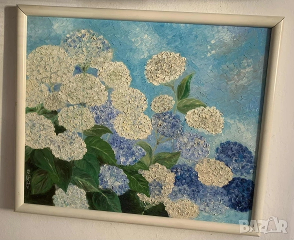 Картина с хортензии* Акрил* Сигнирана* Готова за окачване