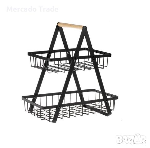 Метален рафт Mercado Trade, Универсален, 2 нива, Дървена дръжка, Черен