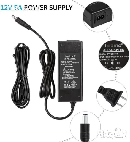 AC Adapter Power Supply LEDMO 12V 5A 60W HTY-1200500, снимка 2 - Лед осветление - 48507978