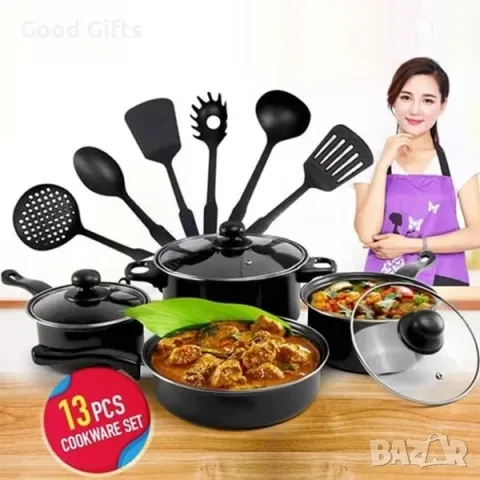 Готварски комплект 13 части - тенджери, касерола, тиган и аксесоари за готвене, снимка 2 - Други стоки за дома - 50205988