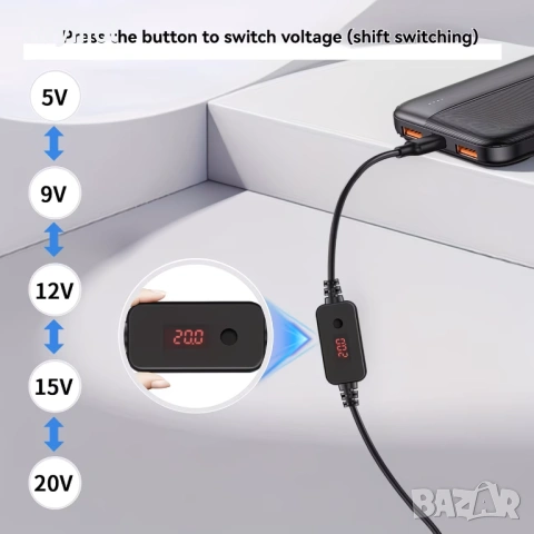 Универсално бързо зарядно устройство PD, USB-C към DC 5V/9V/12V/15V/20V, с LED дисплей