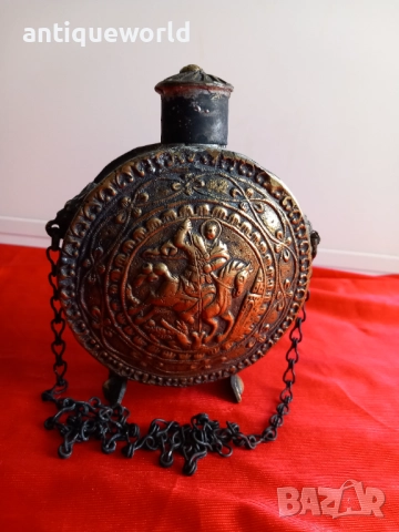 19Век Стара Бронзова Барутница,Барутник Свети Георги 