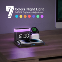 ANJANK 5-в-1 Докинг станция за безжично зареждане с будилник и 7 цвята нощна светлина,iPhone/Samsung, снимка 4 - Безжични зарядни - 44972727