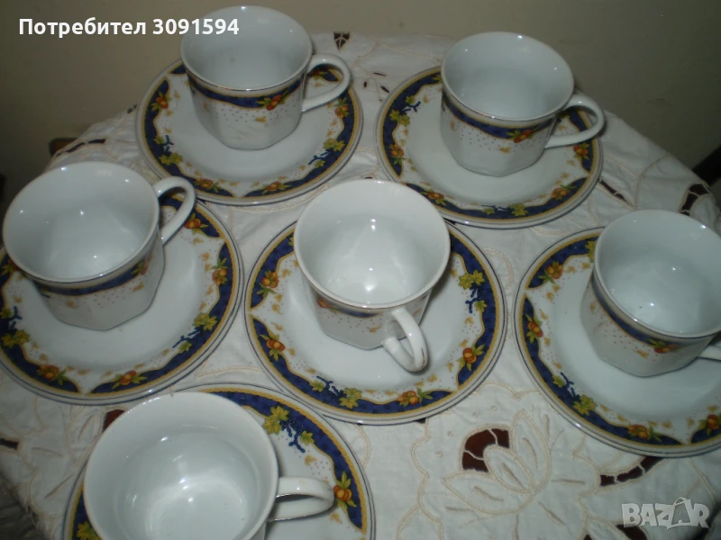 Комплект чаши за кафе Български  порцелен синя ивица златист кант , снимка 1