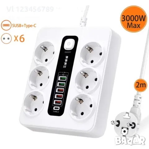 Разклонител  6 контакта, 5 USB+1 C конектор, 220V, 3000W, 10A,, снимка 1