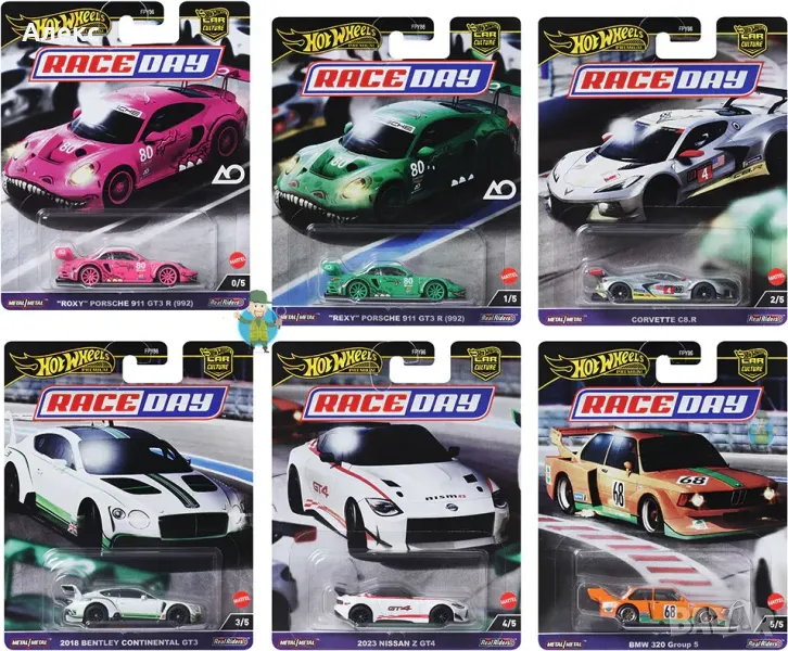 Hot Wheels Car Culture Race Day Roxy 911 GT3 R, Corvette C8R, Bentley Continental, Nissan Z, BMW 320, снимка 1