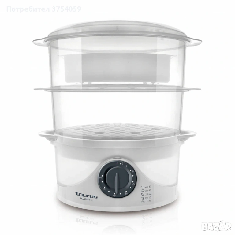 Уред за готвене на пара Taurus Salutecook 800W, 6 л, таймер 60 мин, 2 съда за готвене, съд за бял ор, снимка 1