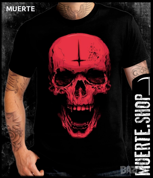 Черна тениска с щампа RED SKULL, снимка 1