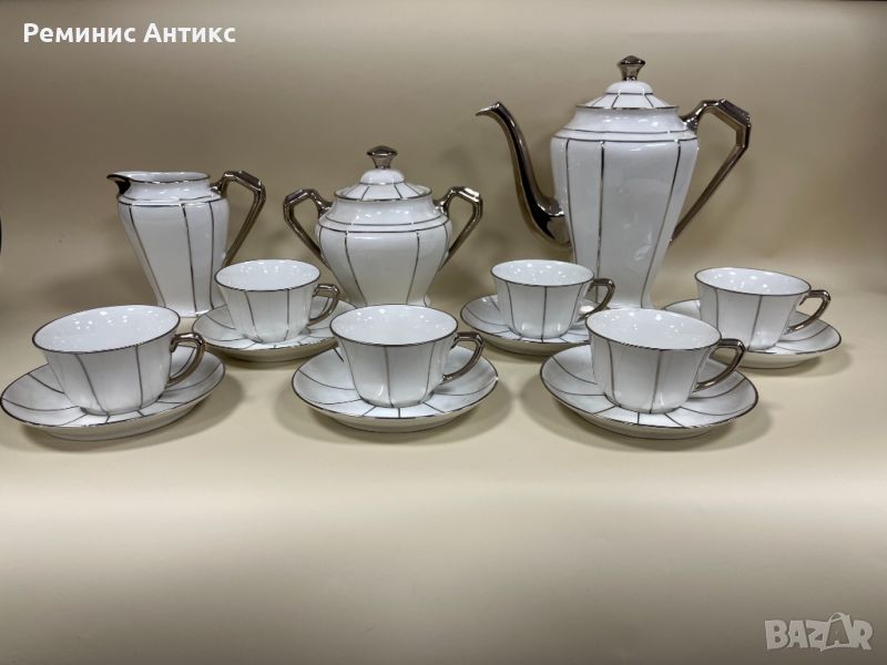 Порцелан, "Лимож" сервиз за чай в бяло и сребърно, стил Арт Деко., снимка 1
