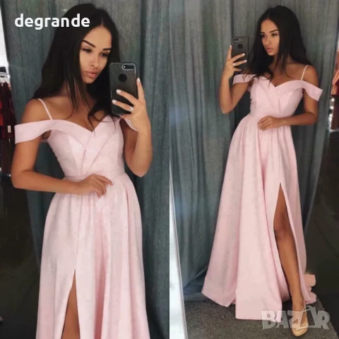 Дълга официална рокля с отворени рамене и цепка