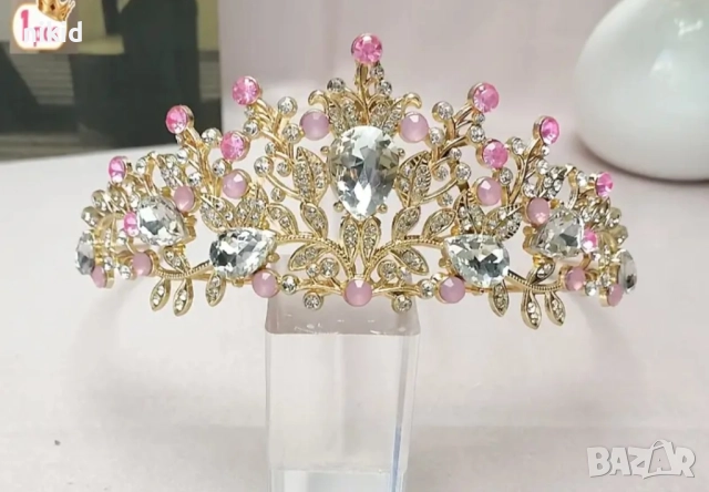 Златиста корона с розови камъни на листа дамска детска корона тиара диадема метална