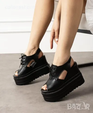 Сандали на платформа - черна кожа - SJN88, снимка 2 - Сандали - 33202555