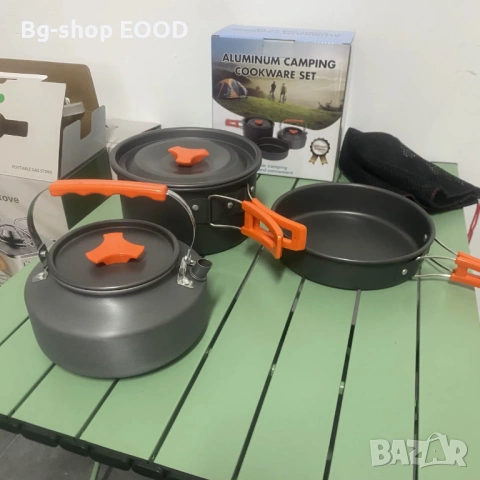 Комплект съдове за къмпинг Тенджера, тиган, чайник, 2 чаши, лек и компактен, за 2 души