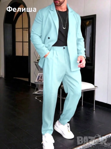 Мъжки Спортно Елегантен Небрежно Модерен Костюм Сияйно Бледо Синьо Сако+Панталон