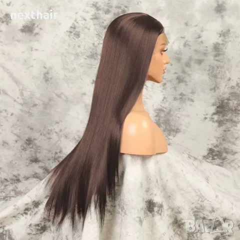 Дълга кестенява права перука 80 см с дантела 13×4×1, снимка 4 - Аксесоари за коса - 50229370
