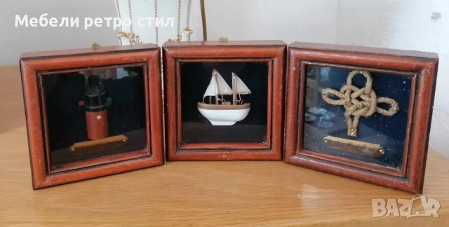 Красива и стилна ретро колекция  ''Корабна картина''. Декорация от  дърво, стъкло и меден обков. , снимка 5 - Антикварни и старинни предмети - 51975758