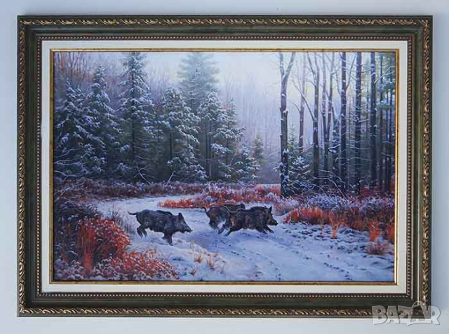 Диви прасета, зимен пейзаж, картина за ловци, снимка 1 - Картини - 44943619