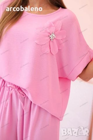 Дамски комплект от две части от вискоза с декоративно цвете и широки панталони, 14цвята , снимка 5 - Комплекти - 50508774