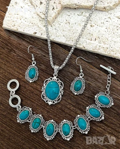 Комплект от 3 части в ретро стил колие, гривна и обеци с мотив тюркоаз , снимка 2 - Бижутерийни комплекти - 51144141